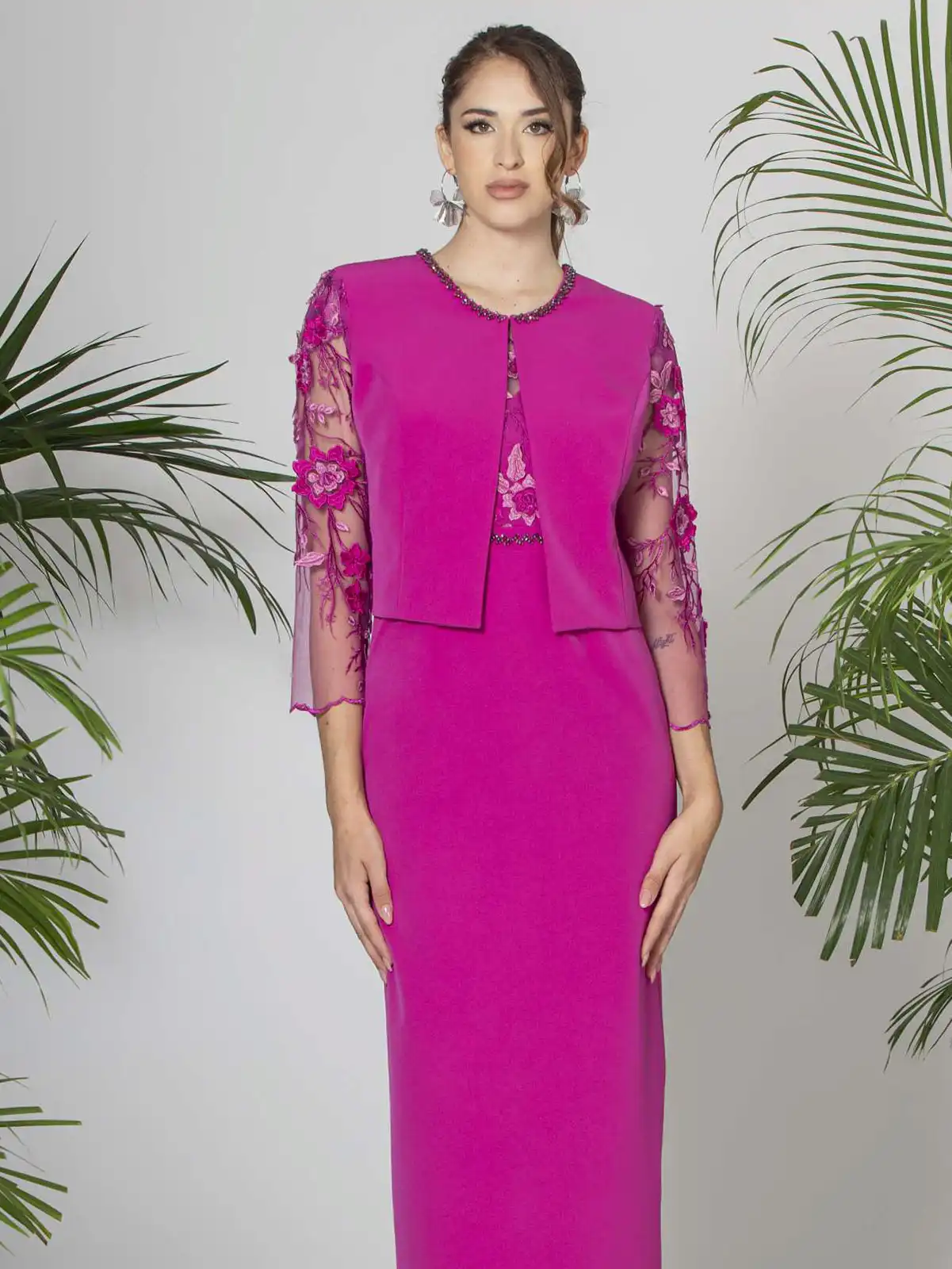 JEAN CRYÒ Abito Lungo da Cerimonia con Giacca in Pizzo e Strass 35252