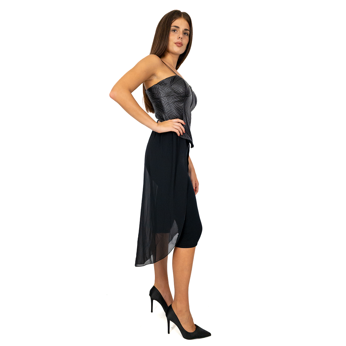 Top Ecopelle da Sera Sexy Corto con Coda in Chiffon