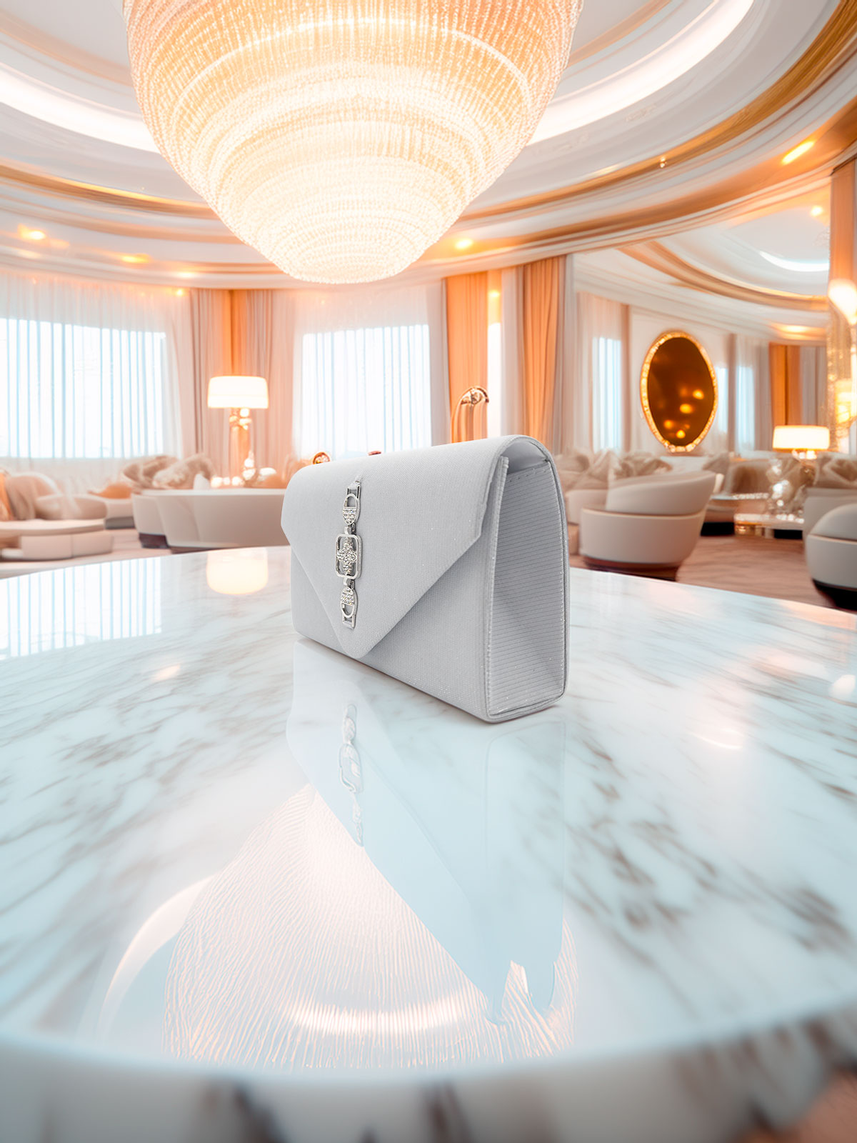 White Glitter Evening Clutch with Detachable Chain