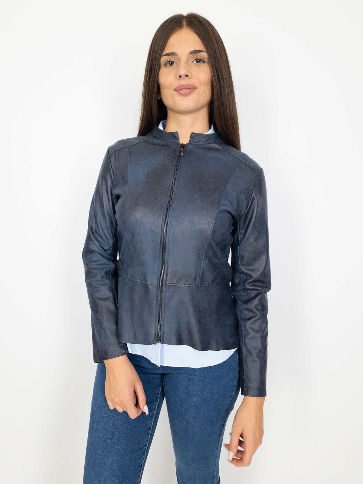 Giacca Ecopelle Donna Corta Con Zip E Maniche Lunghe