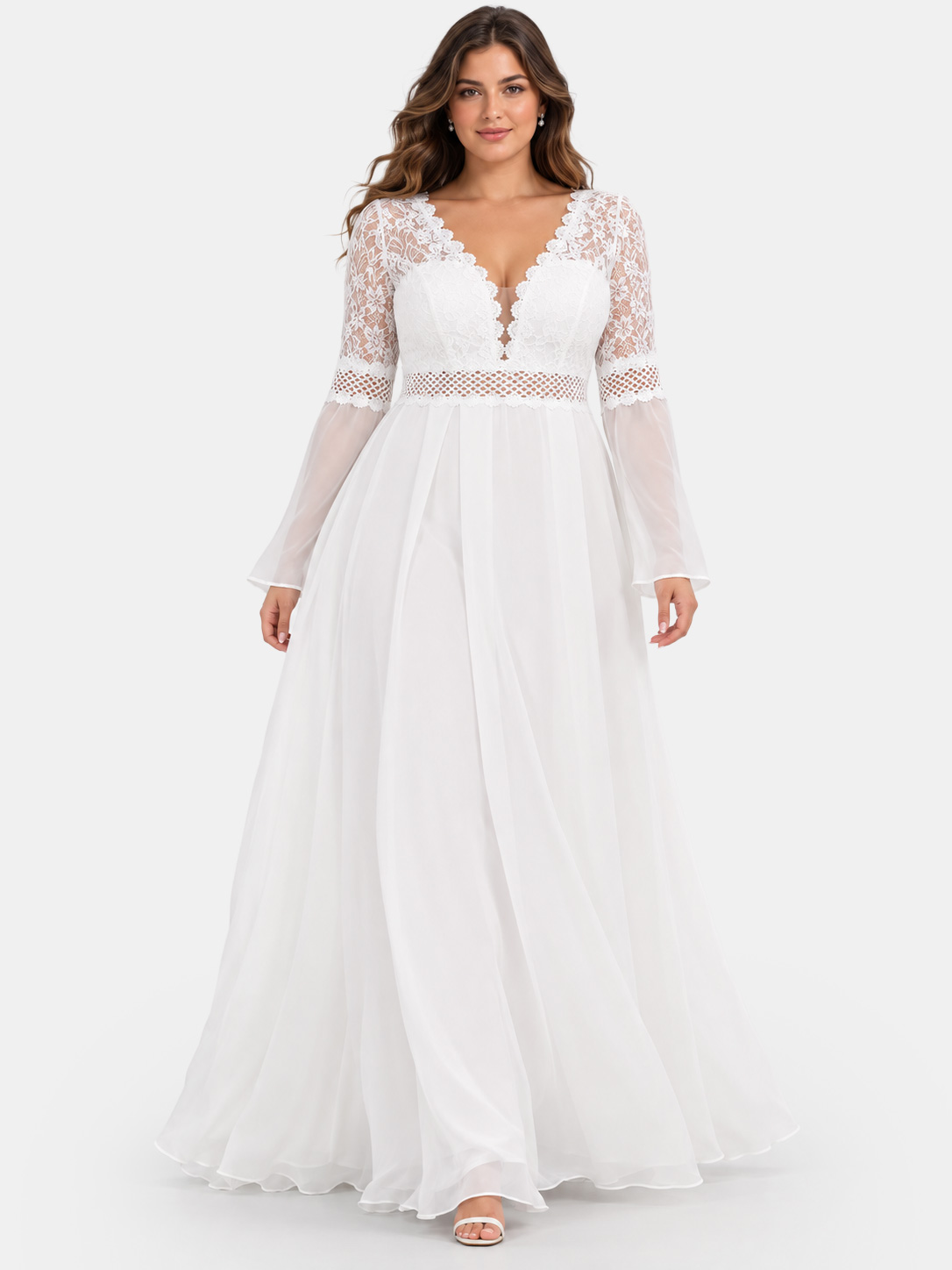 Plus Size Chiffon Wedding Dress with Macramé 7031-99060F-W