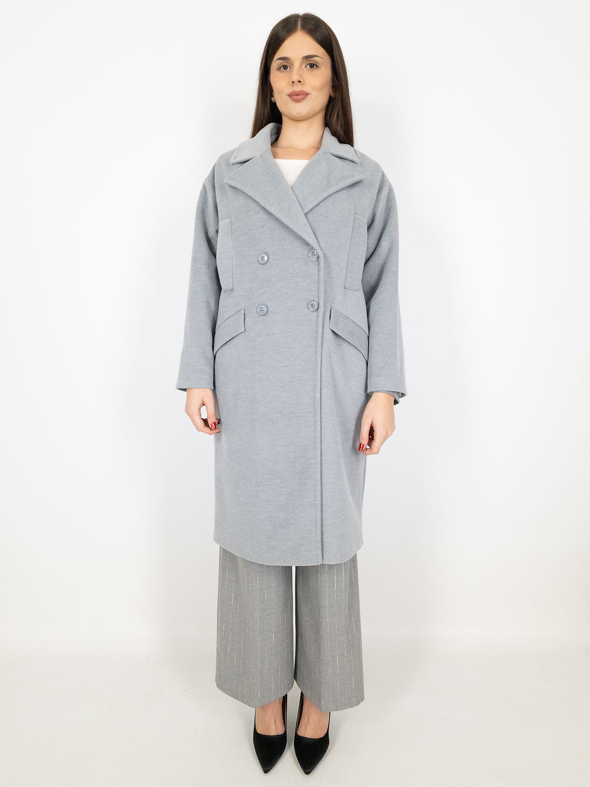 CARMEN Cappotto Doppiopetto Oversize in Tessuto Caldo Grigio Chiaro K156T504