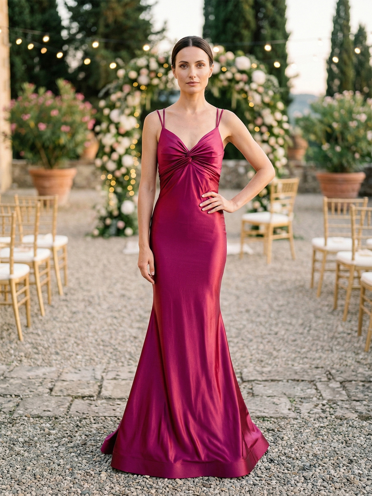 Abito Lungo a Sirena in Raso per Cerimonia con Stola Inclusa