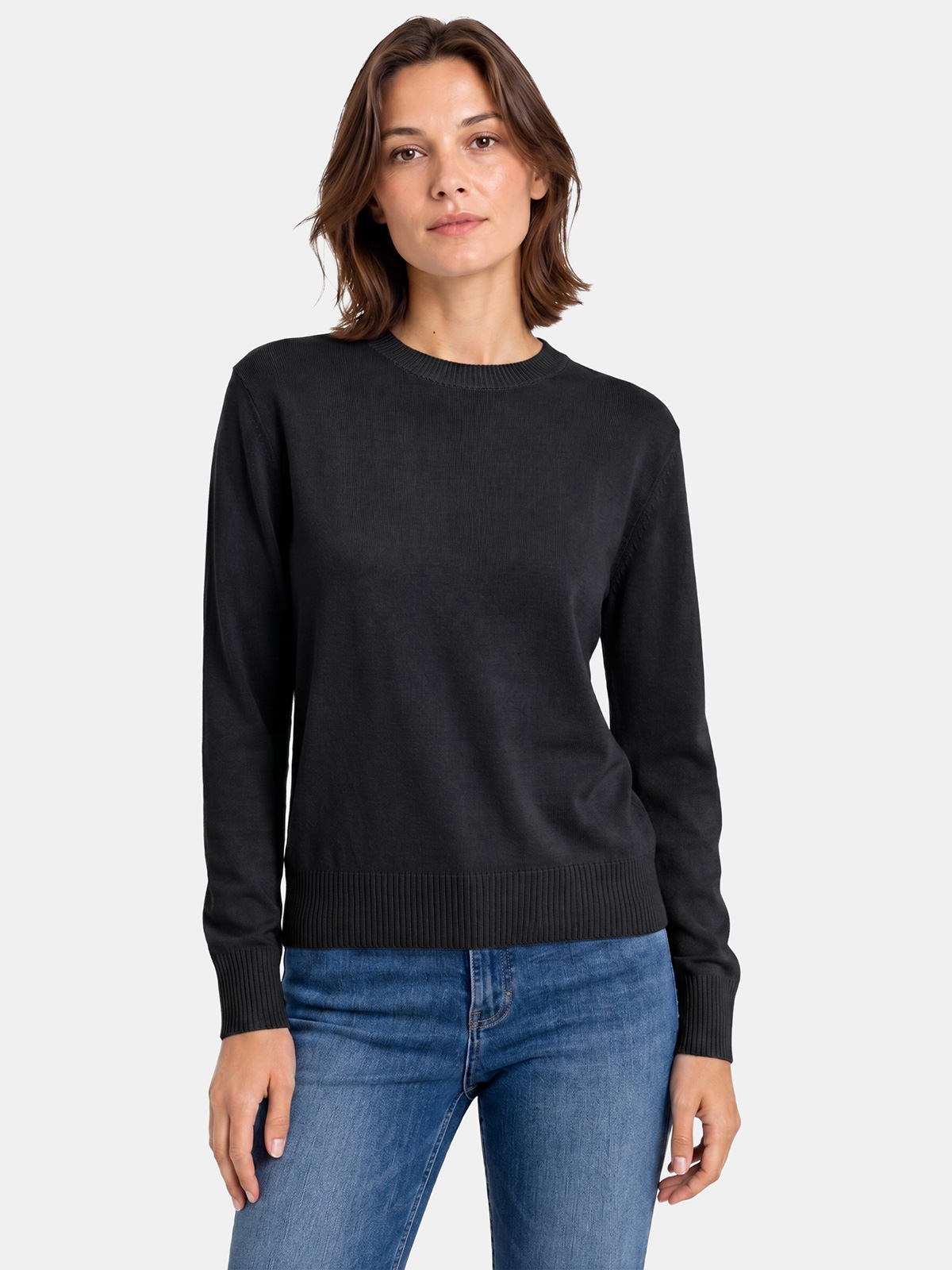Women's Cotton Crewneck Sweater with Ribbed Finishes