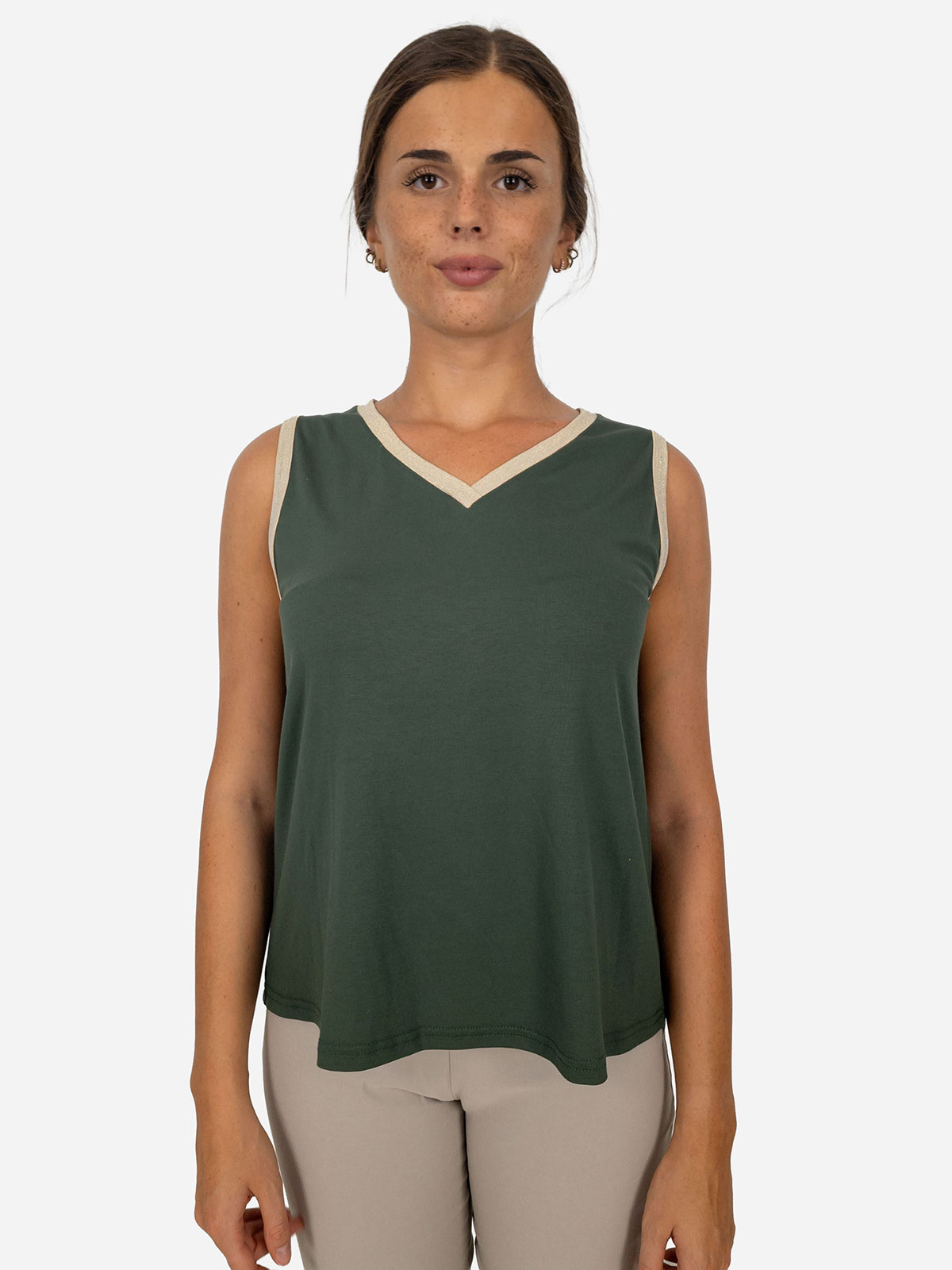 Casual flared tank top with gold glitter trims in stretch viscose