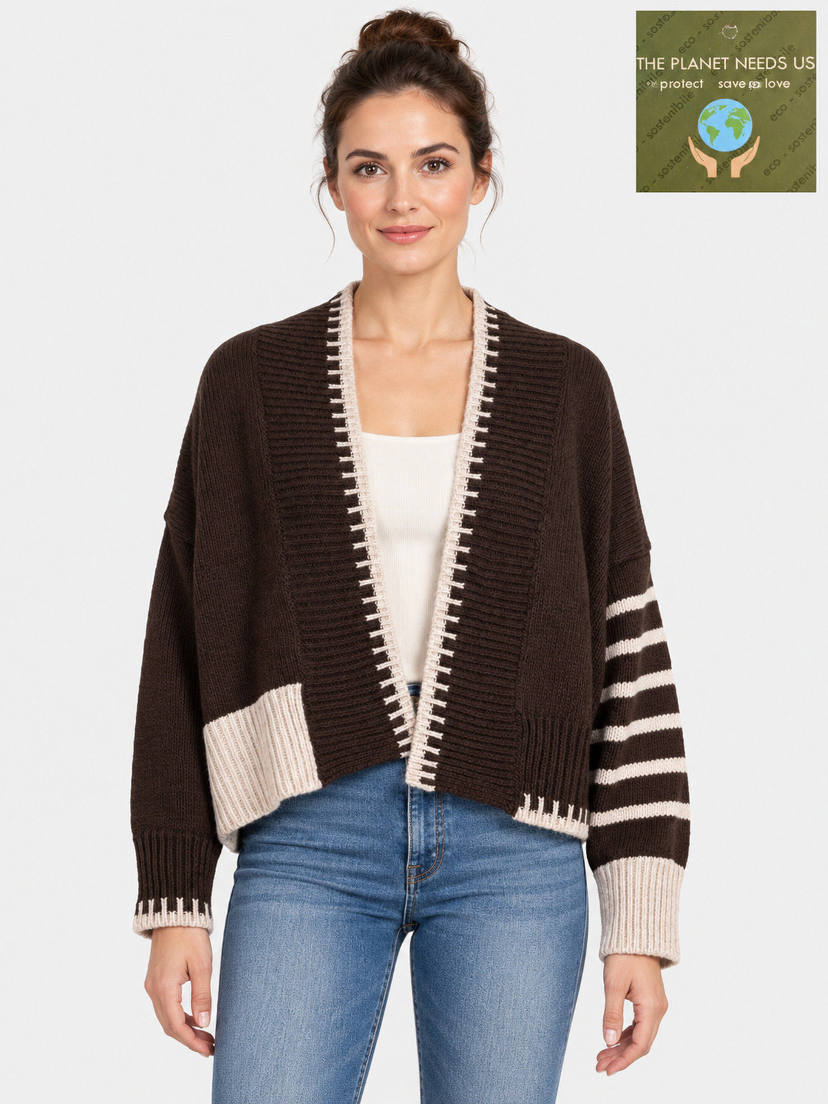 Cardigan aperto in misto lana con intarsio