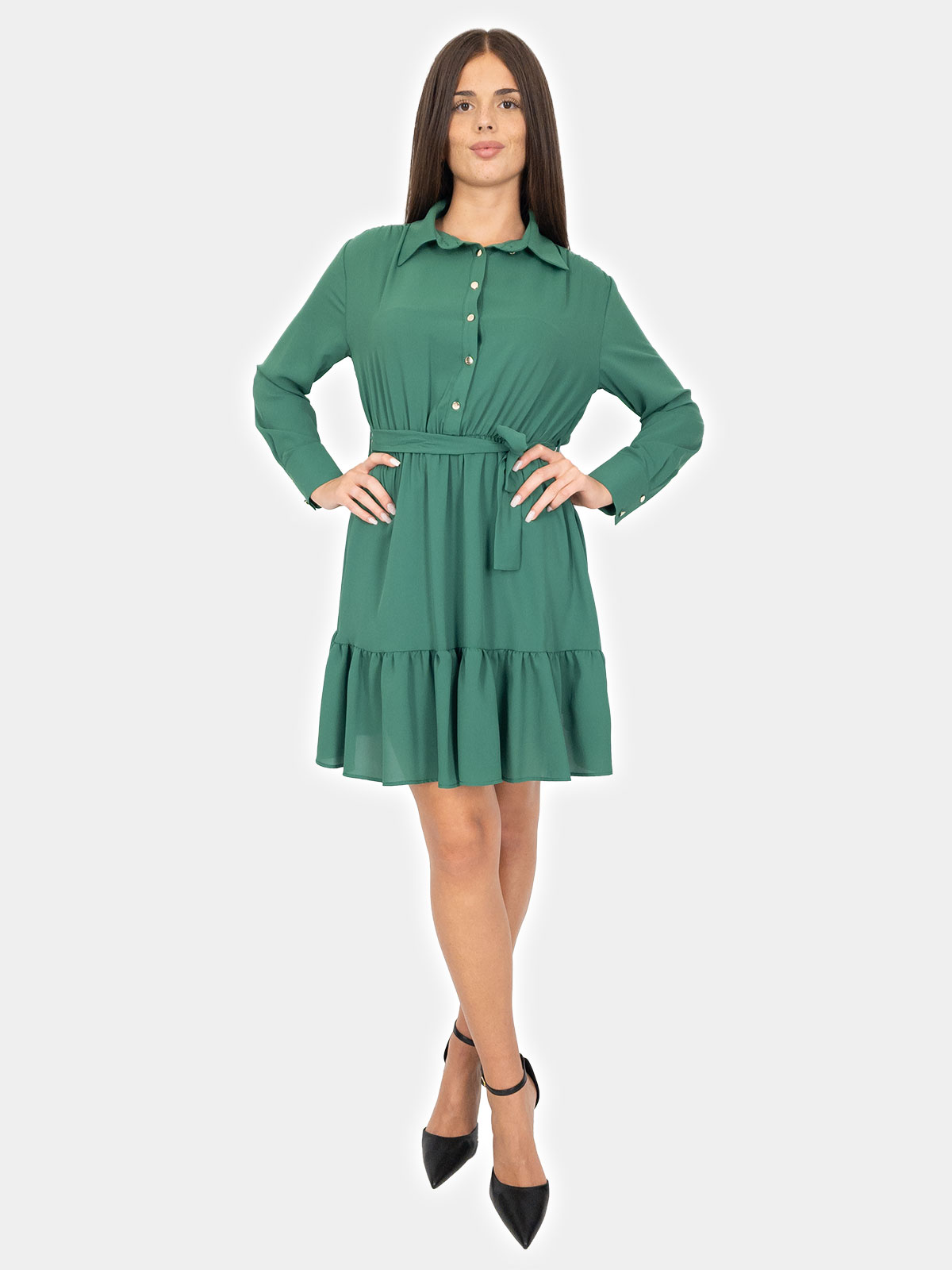 Bucle Vestito Corto A Camicia Fondo Con Balze Donna Manica Lunga