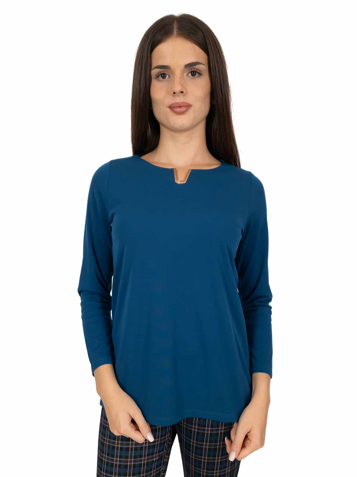 Blusa girocollo elegante tinta unita donna maniche lunghe