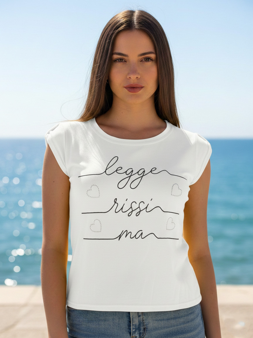 T-shirt Donna Corta in Viscosa con Scritta Manica Corta