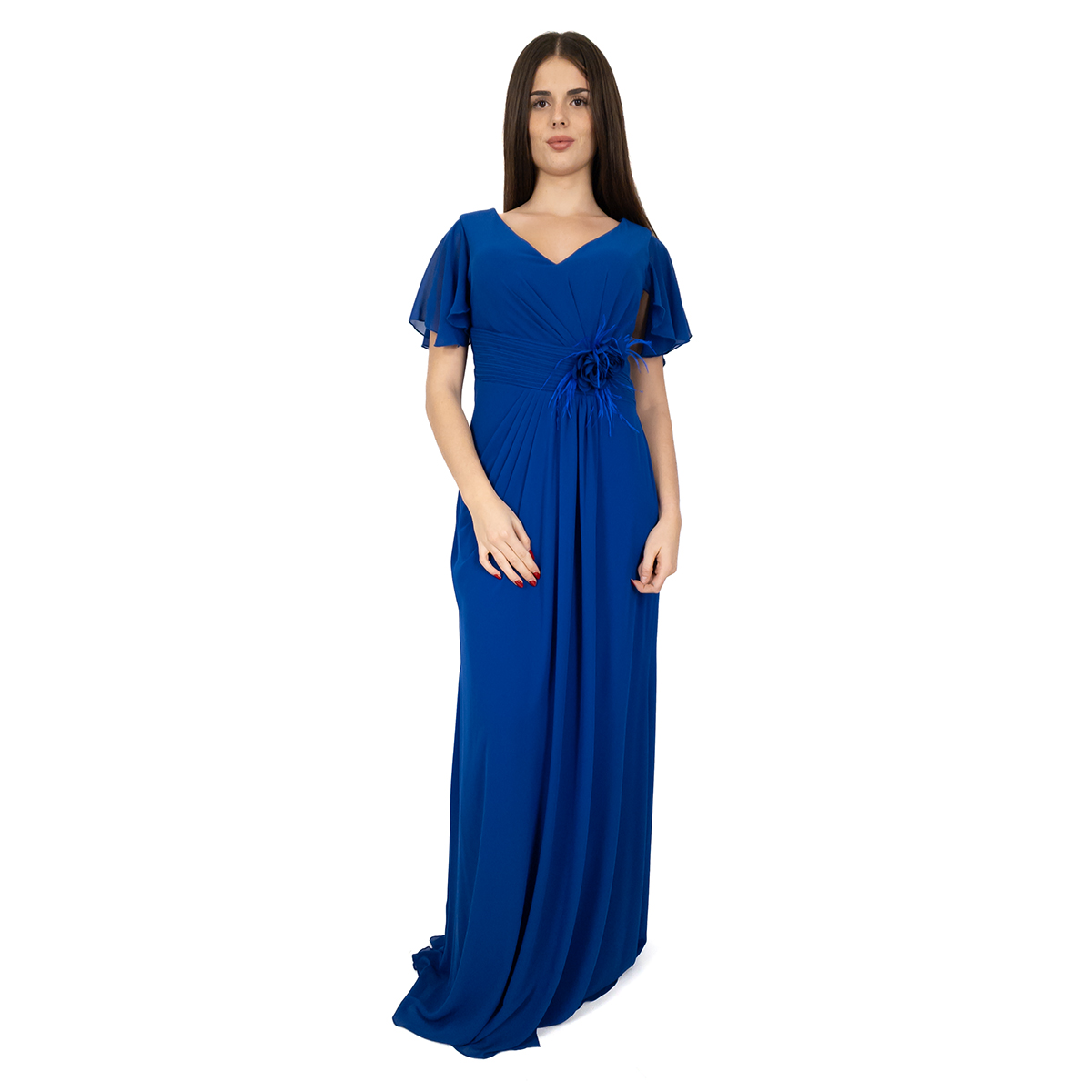 Abito lungo cerimonia stile impero bluette con fiore – Elegante e