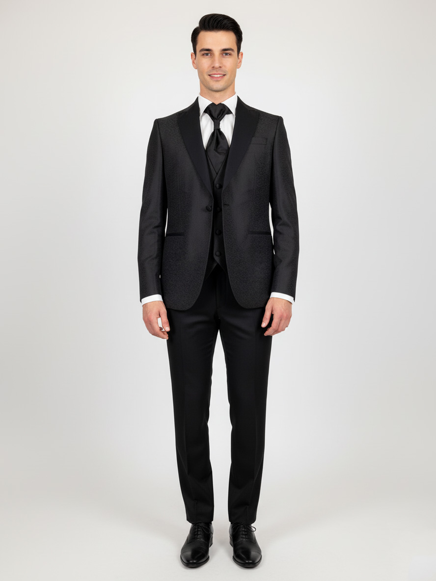 green emerald velvet dress Luxury Italian Black Tuxedo with Embellished Shawl Lapel and Double-Breasted Waistcoat main image 1