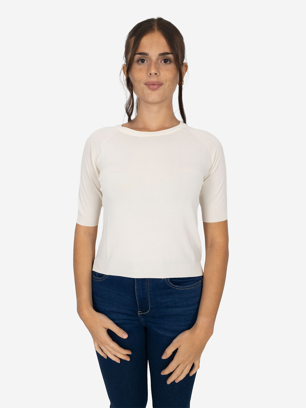 Maglia donna girocollo slim fit manica corta con spacchetti laterali