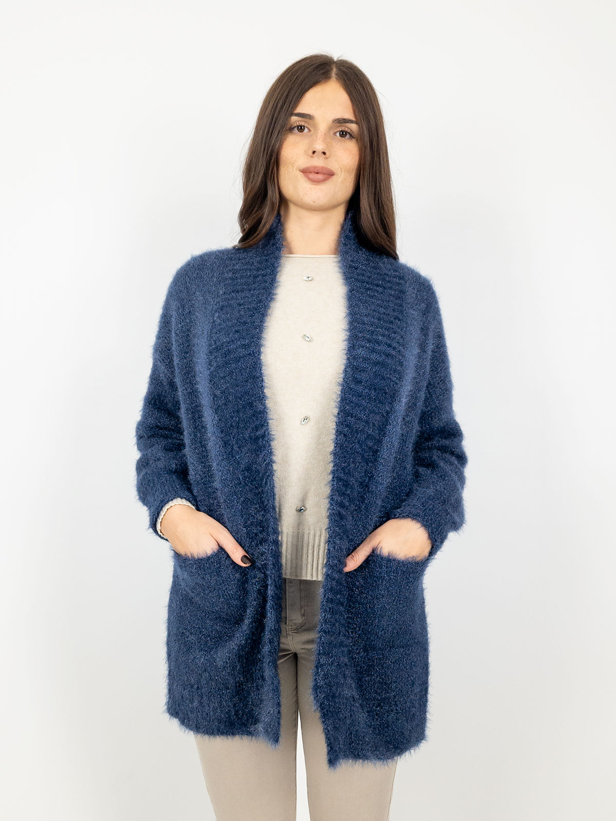 Cardigan Donna Lungo Invernale Morbido Filato Peloso Con Tasche