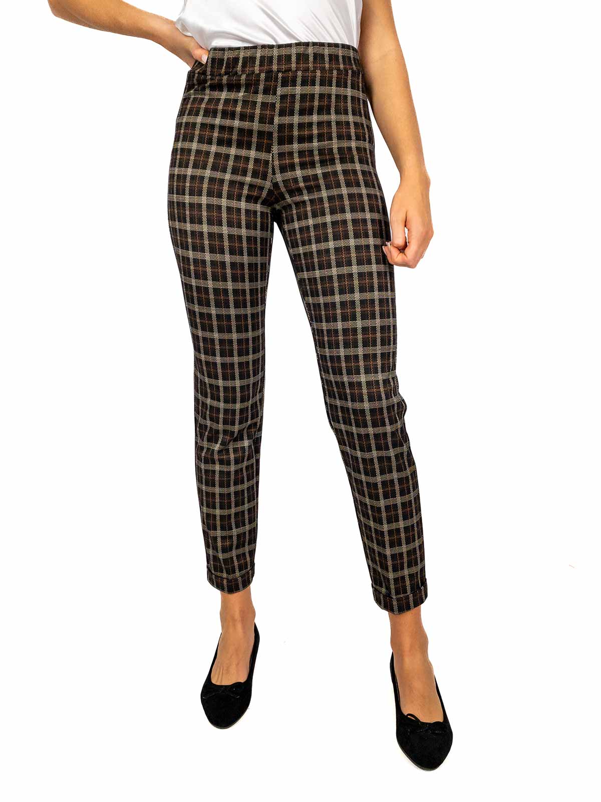 PERLA Pantaloni Scozzesi Donna Vita Alta Con Elastico A Sigaretta