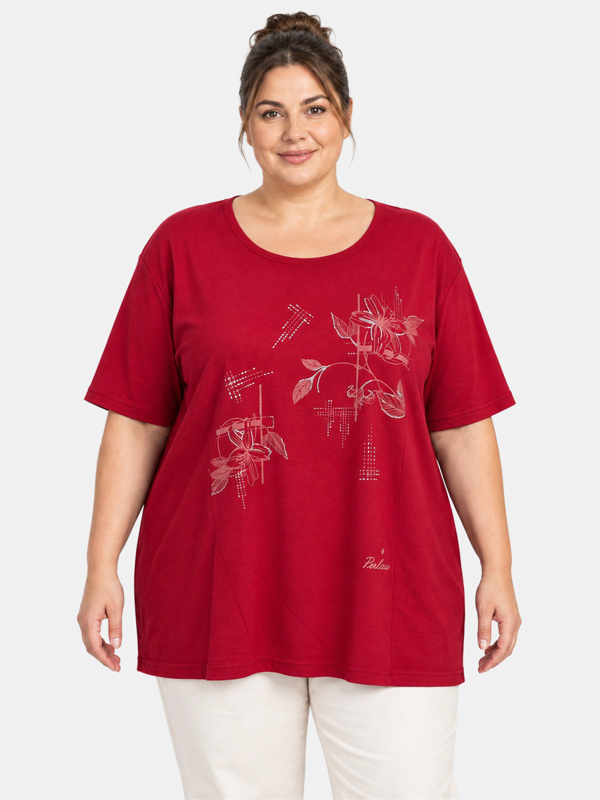 Maglietta Maxi Curvy in Cotone con Stampa Frontale Perlarara