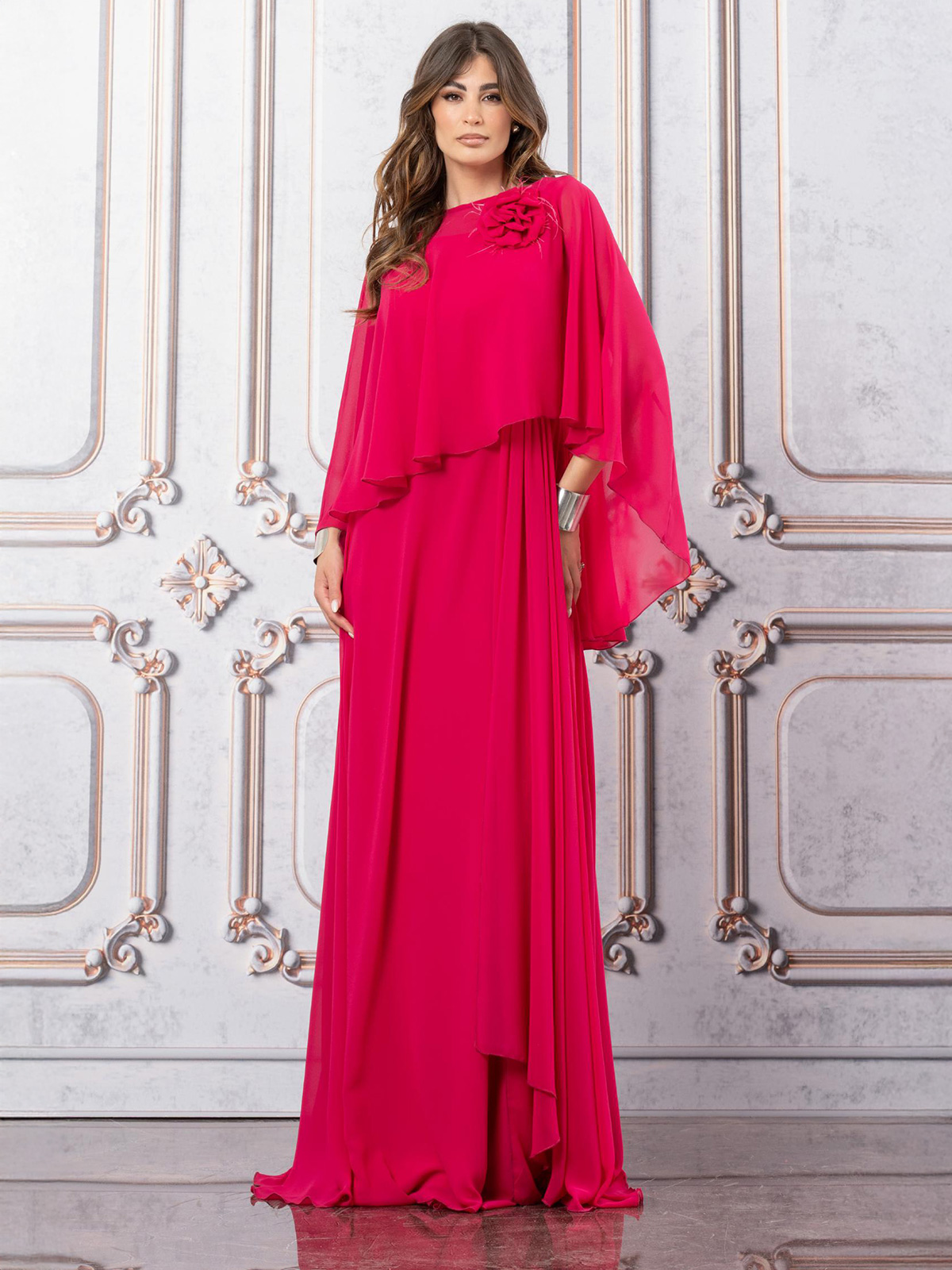 Long formal dress with detachable cape and removable brooch