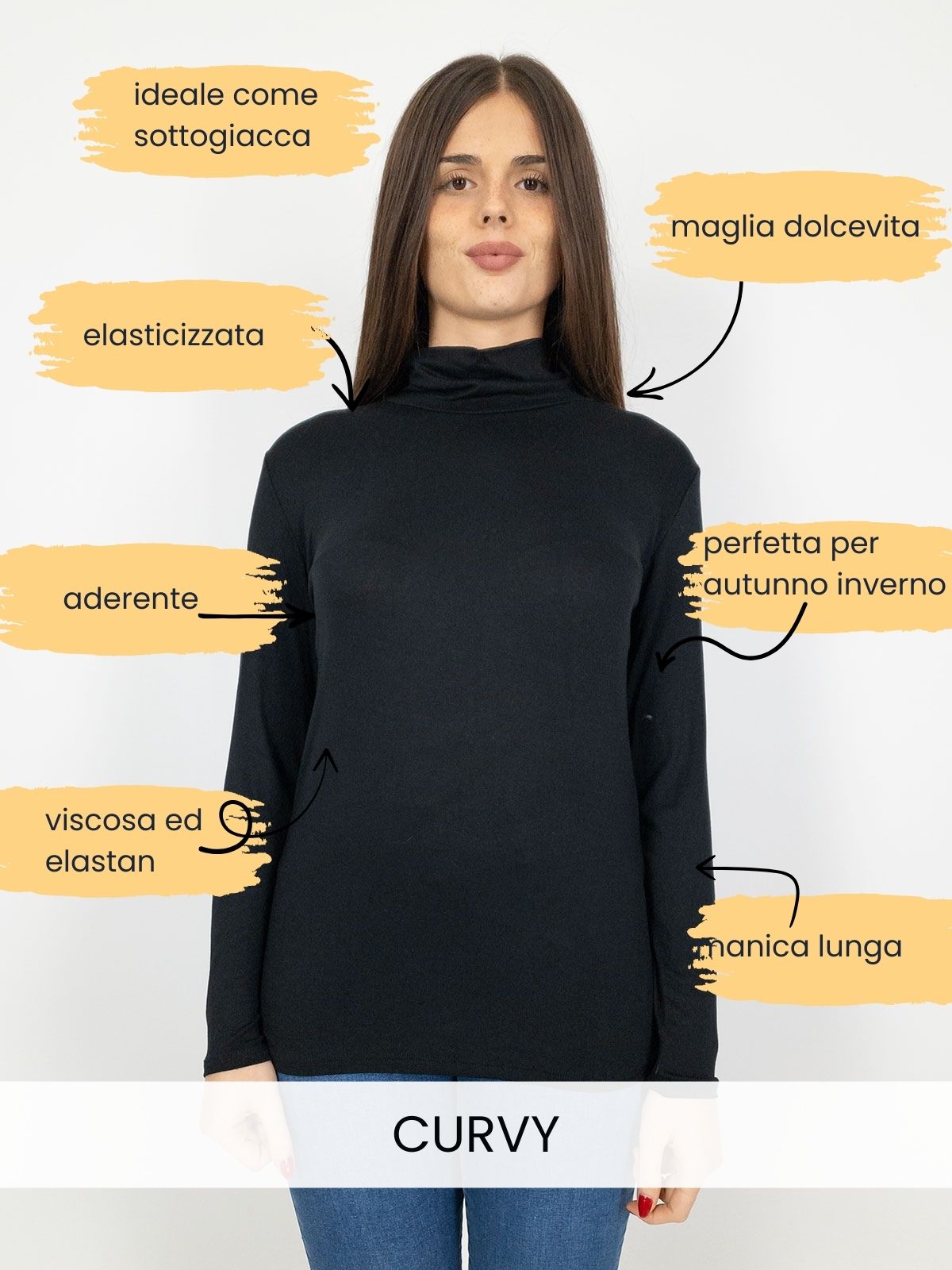 Dolcevita Donna Curvy Elasticizzato in Viscosa a Manica Lunga