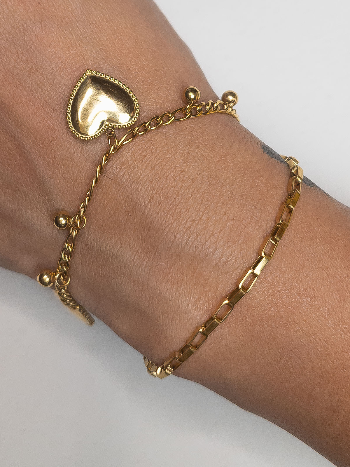 Bracciale Donna In Acciaio Oro Con Oro Fine Doppia Catena Di Fissaggio Cuore Lucchetto