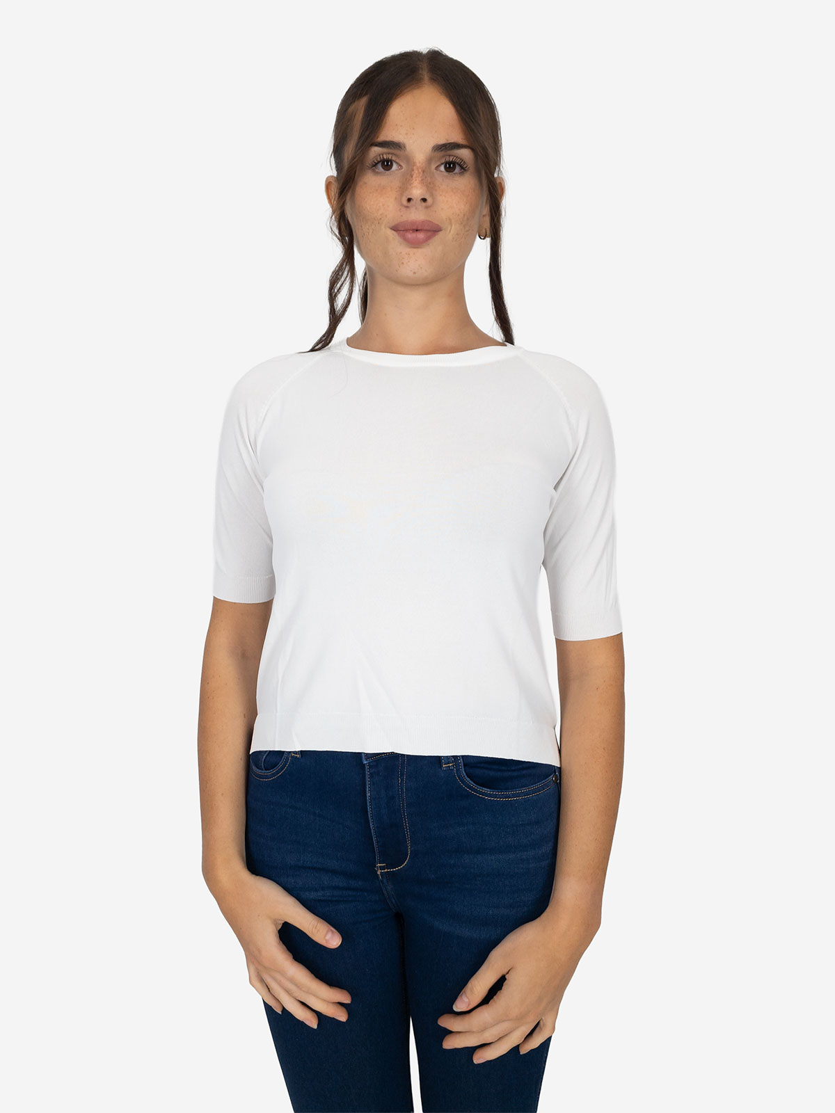Maglia donna girocollo slim fit manica corta con spacchetti laterali
