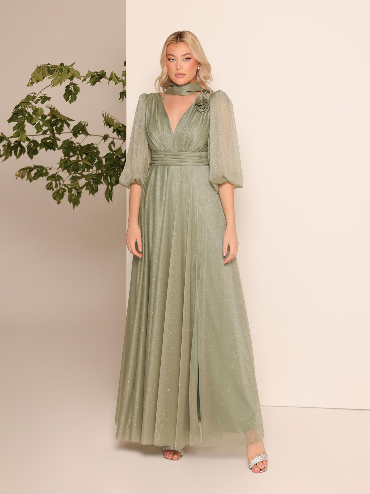 Abito Lungo Curvy da Cerimonia Glitterato con Spacco e Stola 29755m