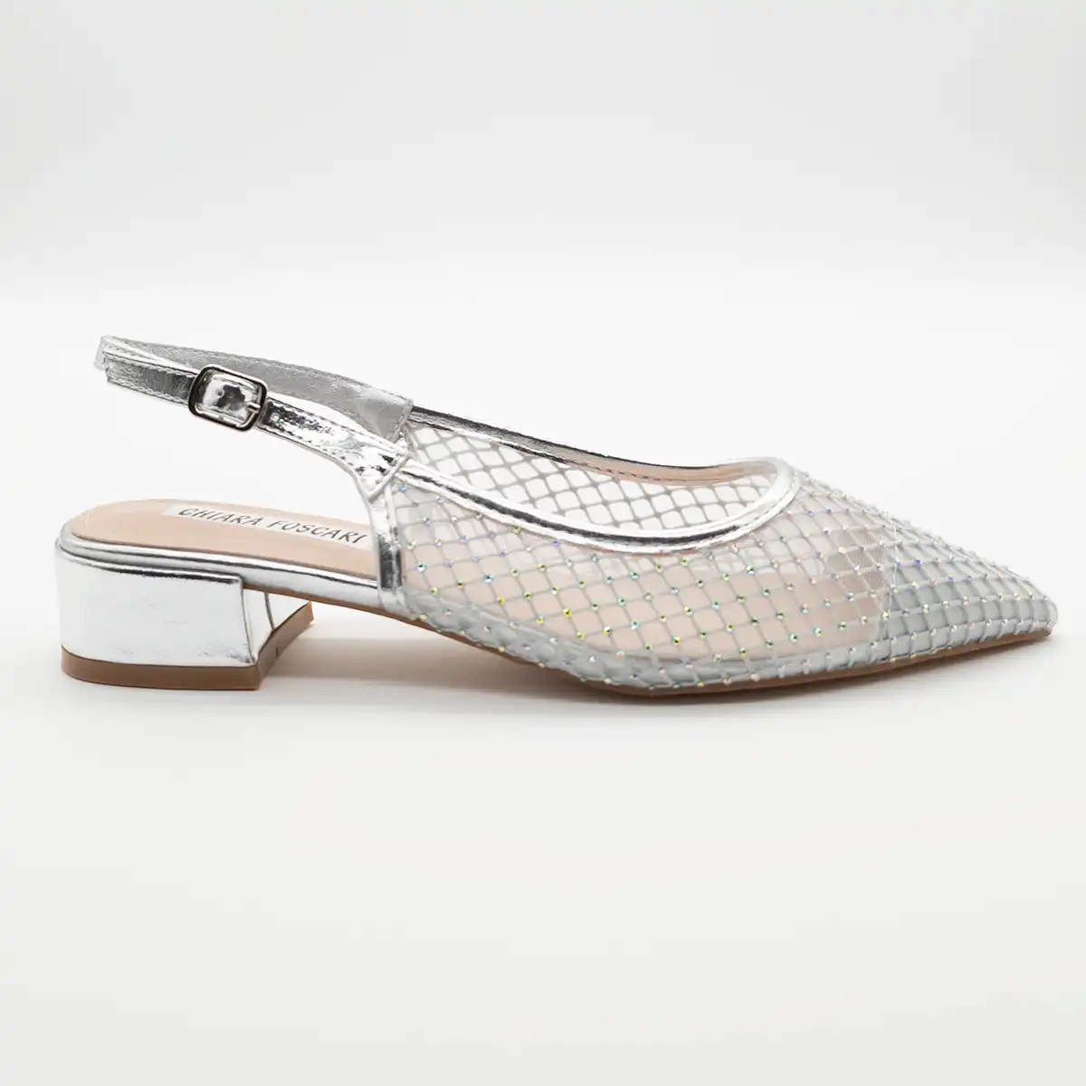 Slingback Argento con Rete e Tacco Basso 3,5 cm