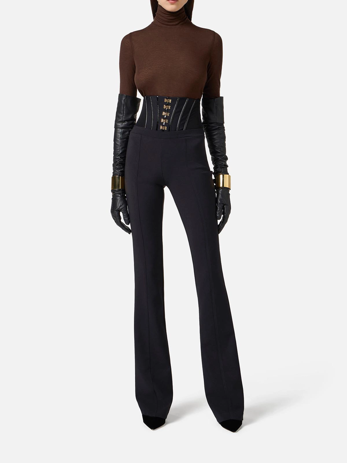 PA13257E2 Elisabetta Franchi Lightweight Crêpe Trousers with Jewel