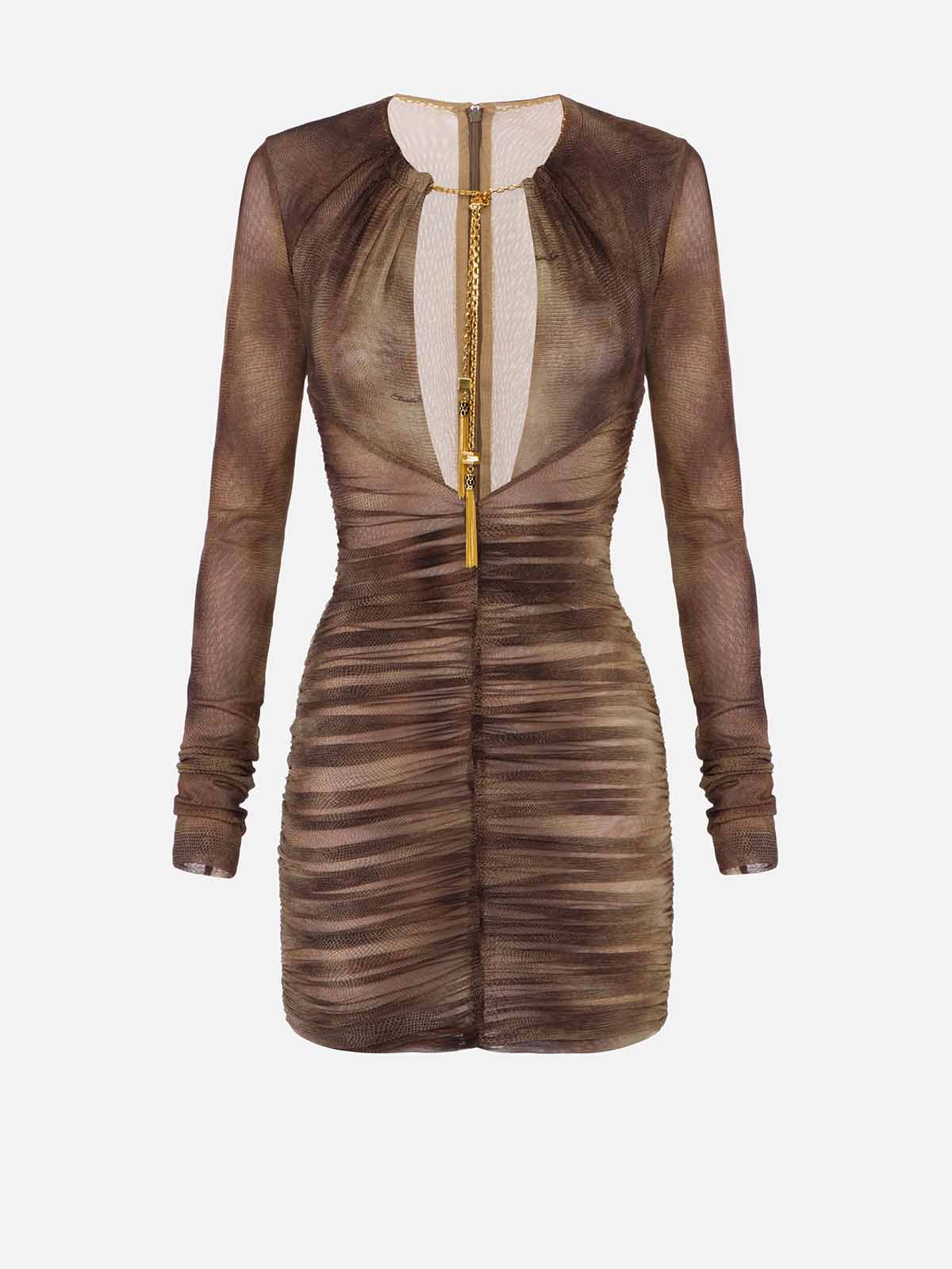 AB87757E2 Elisabetta Franchi Python Print Tulle Dress with Necklace