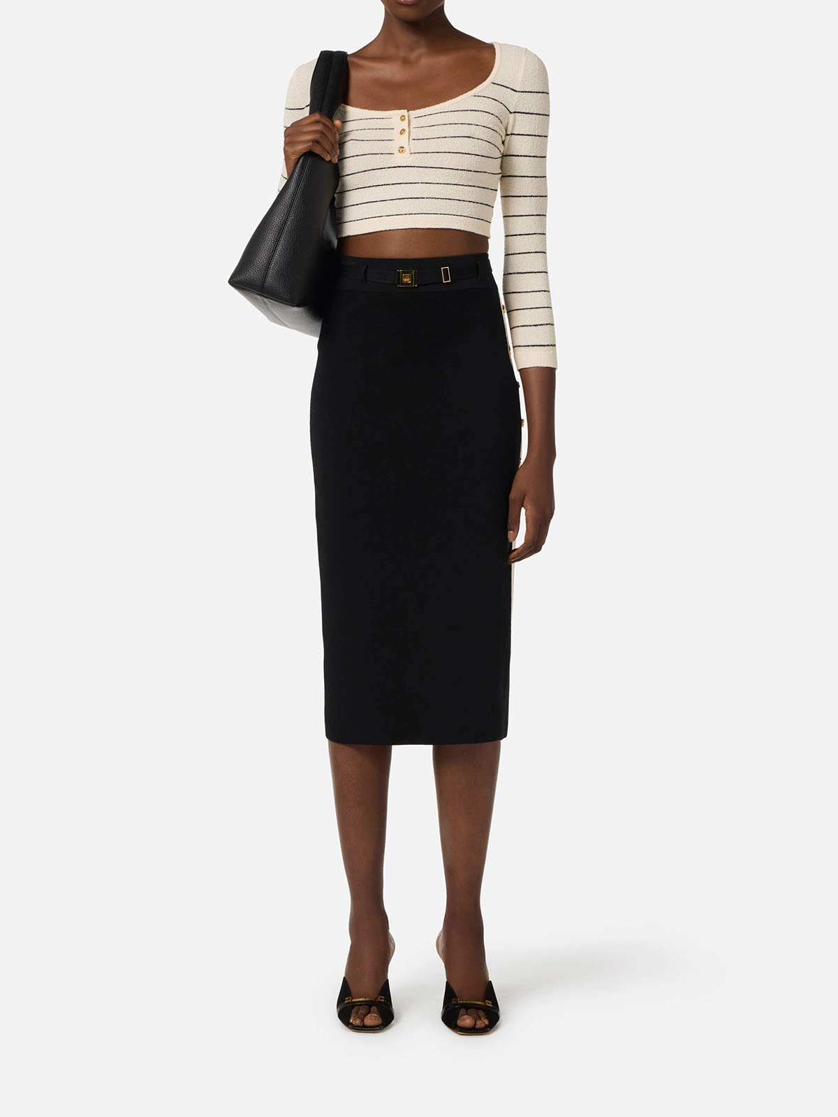 GK27S61E2 Elisabetta Franchi Knit Skirt with Shiny Viscose Bands