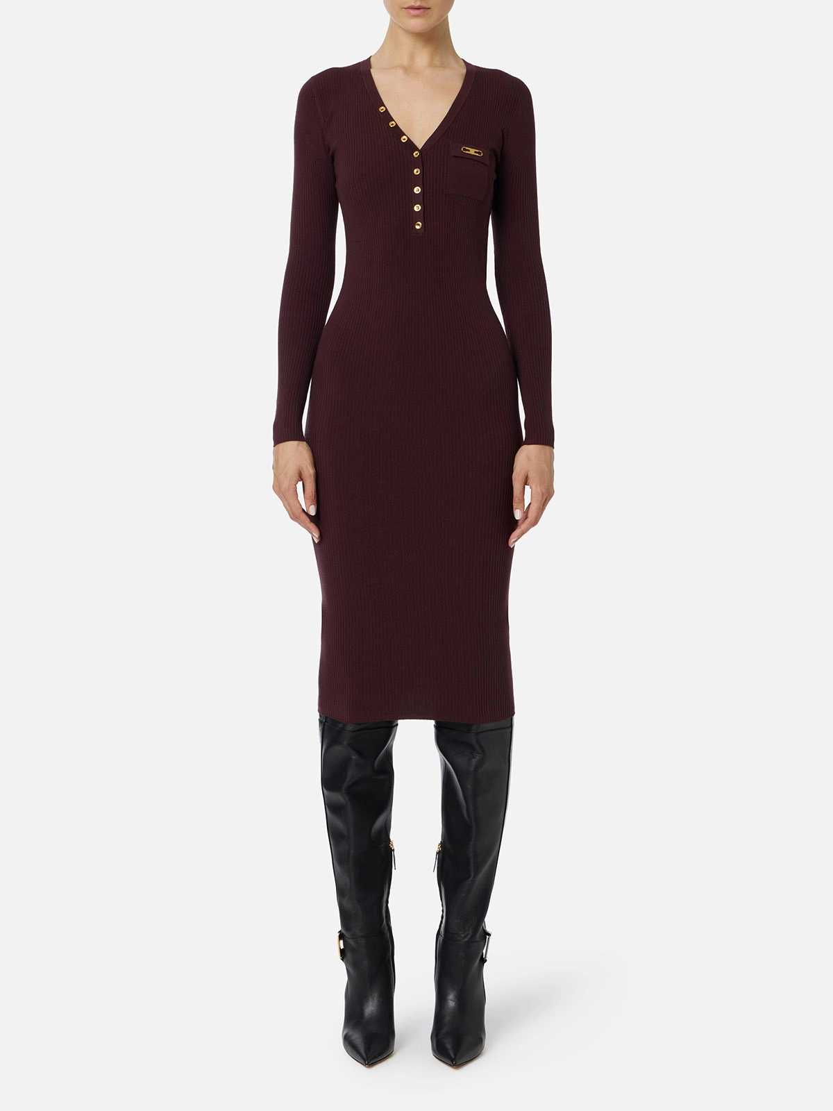 【Elisabetta Franchi】ニットワンピース AM10B56E2 Elisabetta Franchi Ribbed Knit Dress With Pocket