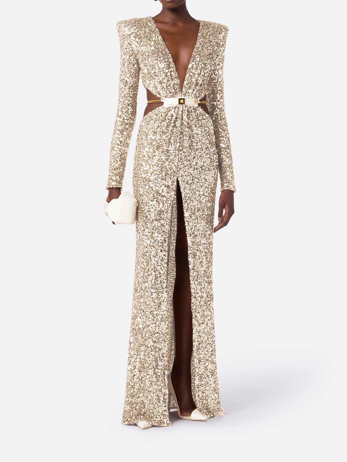 elisabetta franchi gold dress ABR1561E2 Red Carpet Sequin with Belt PD2025