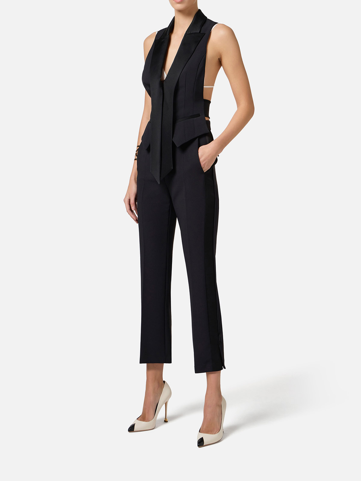 PA08651E2 Elisabetta Franchi Crepe Tuxedo Pants With Satin Bands