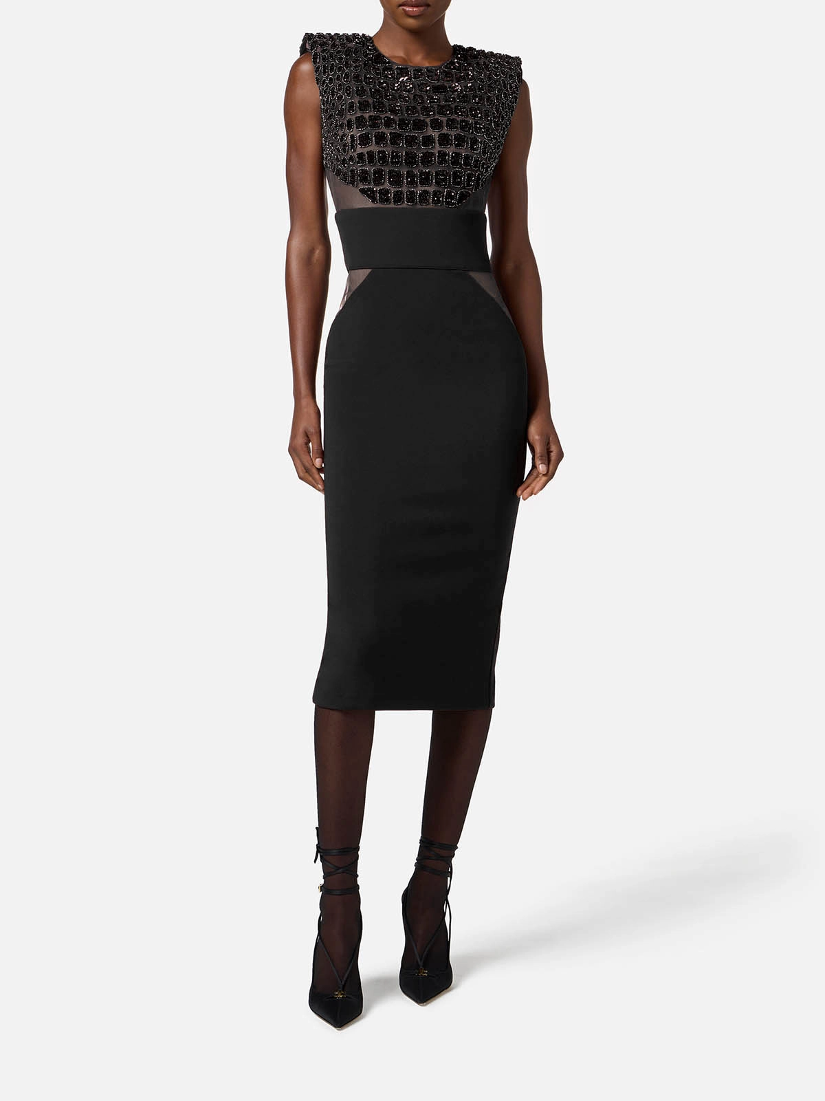 AB83457E2 Elisabetta Franchi Dress in Light Crpe and Tulle with Coconut  Embroidery