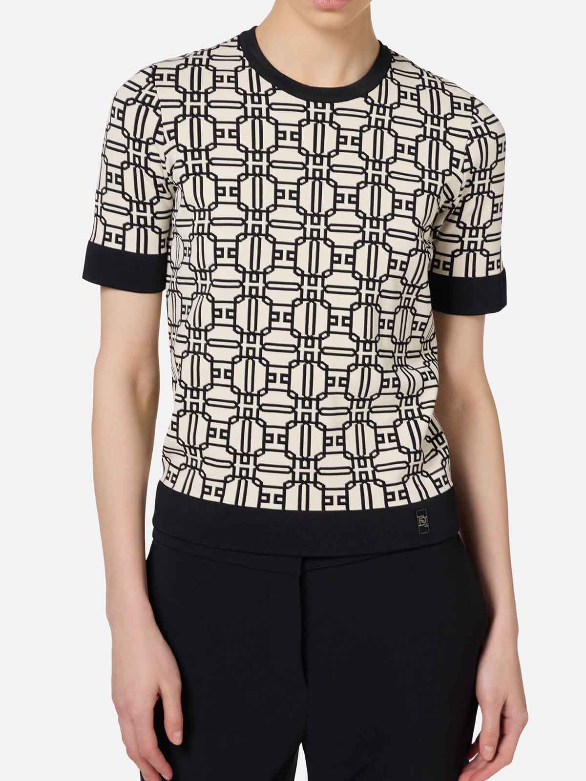 ELISABETTA FRANCHI 胸ポケットロゴ リブ ニット トップス Ribbed knit top with breast pocket | Elisabetta Franchi