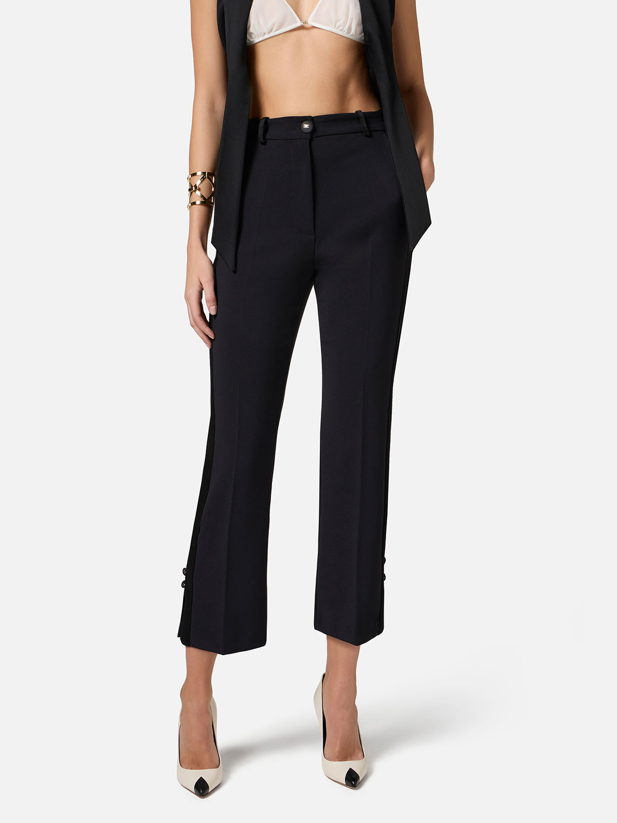 PA08651E2 Elisabetta Franchi Crepe Tuxedo Pants With Satin Bands PA08651E2 Elisabetta Franchi Crepe Tuxedo Pants With Satin Bands