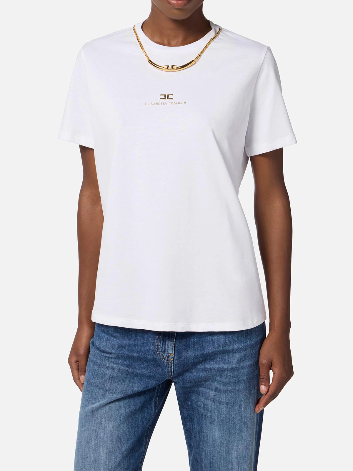 MA02856E2 Elisabetta Franchi Cotton Jersey T-Shirt With Necklace MA02856E2 Elisabetta Franchi Cotton Jersey T-Shirt With Necklace