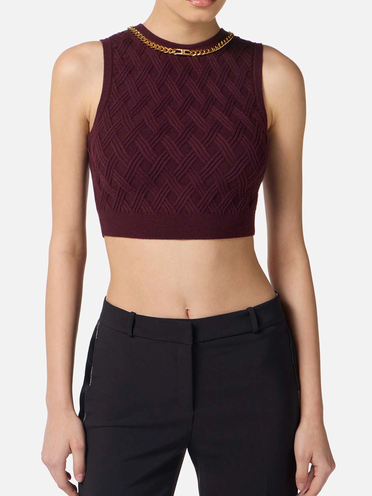 TK60B56E2 Elisabetta Franchi Diamond Knit Top with Jewel Detail