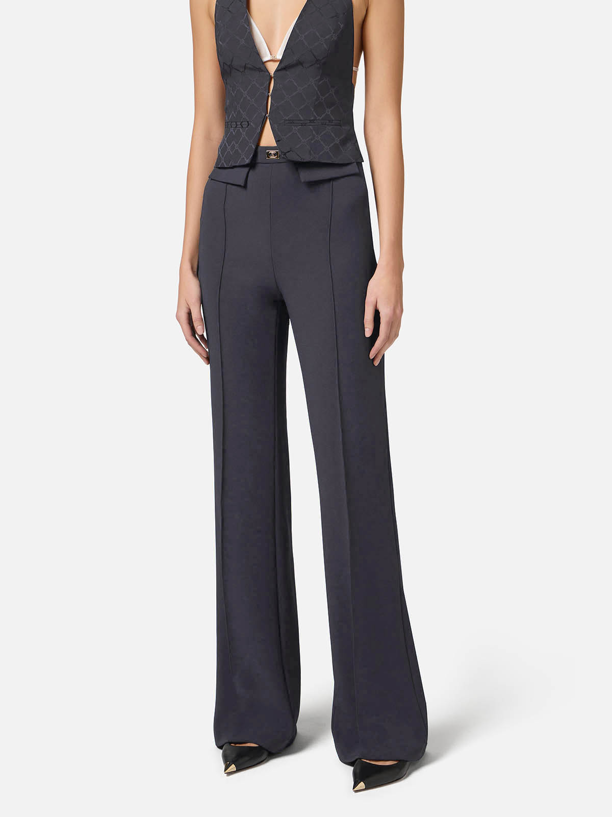PA07851E2 Elisabetta Franchi Crêpe Trousers With Logo Plaque