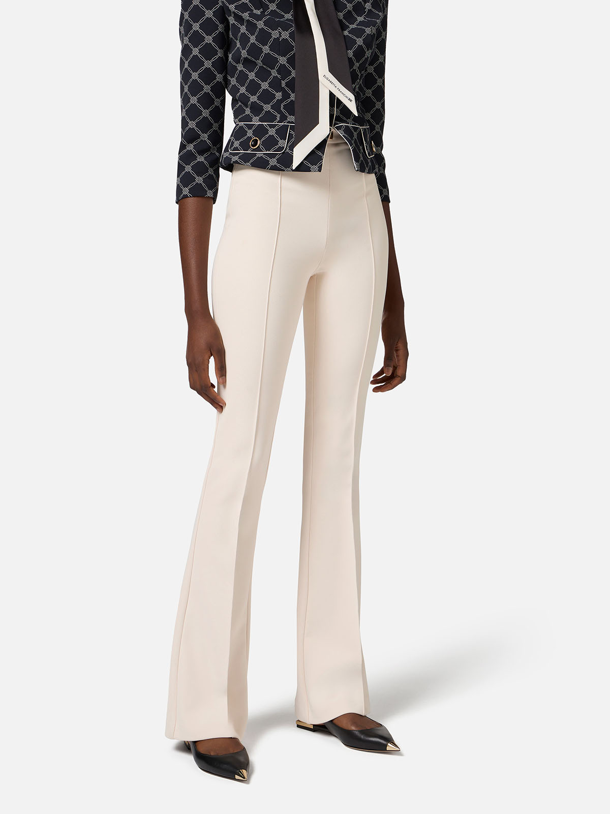 PA07951E2 Elisabetta Franchi Crêpe Flared Trousers With Logo PA07951E2 Elisabetta Franchi Crêpe Flared Trousers With Logo