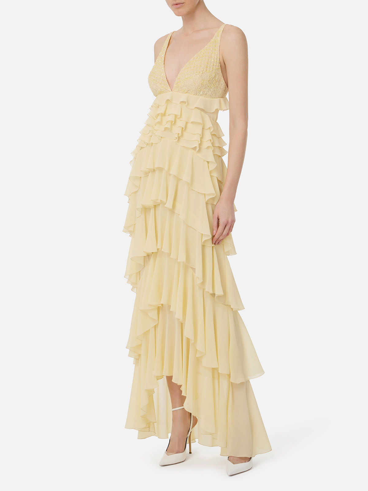 ABR4252E2 Elisabetta Franchi Abito Red Carpet In Georgette Con Balze