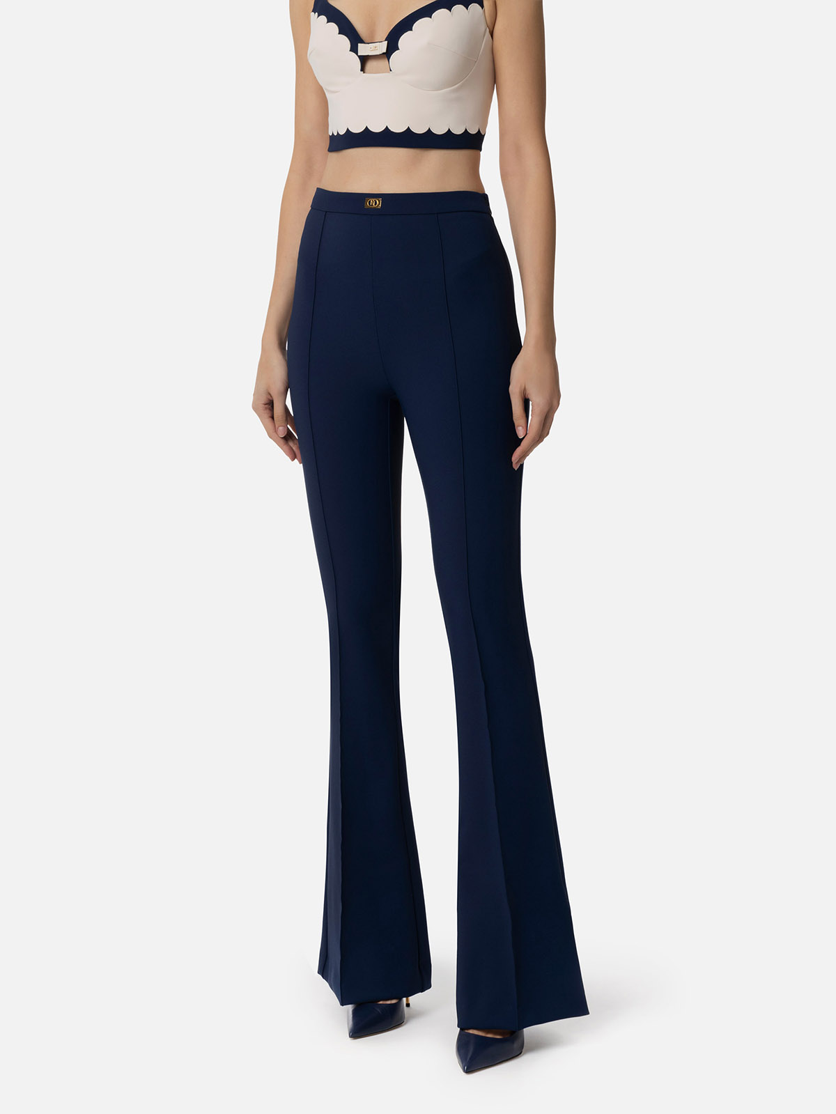 PA07951E2 Elisabetta Franchi Crêpe Flared Trousers With Logo