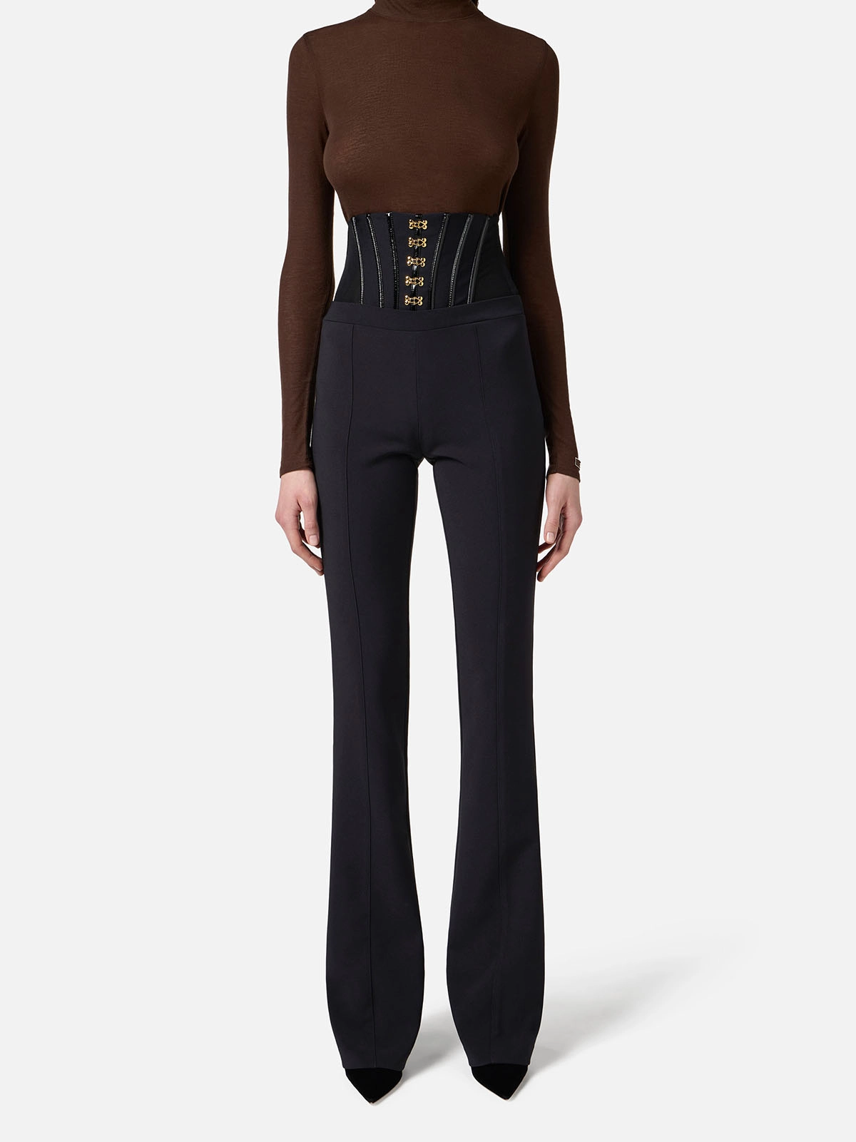 PA13257E2 Elisabetta Franchi Lightweight Crêpe Trousers with Jewel