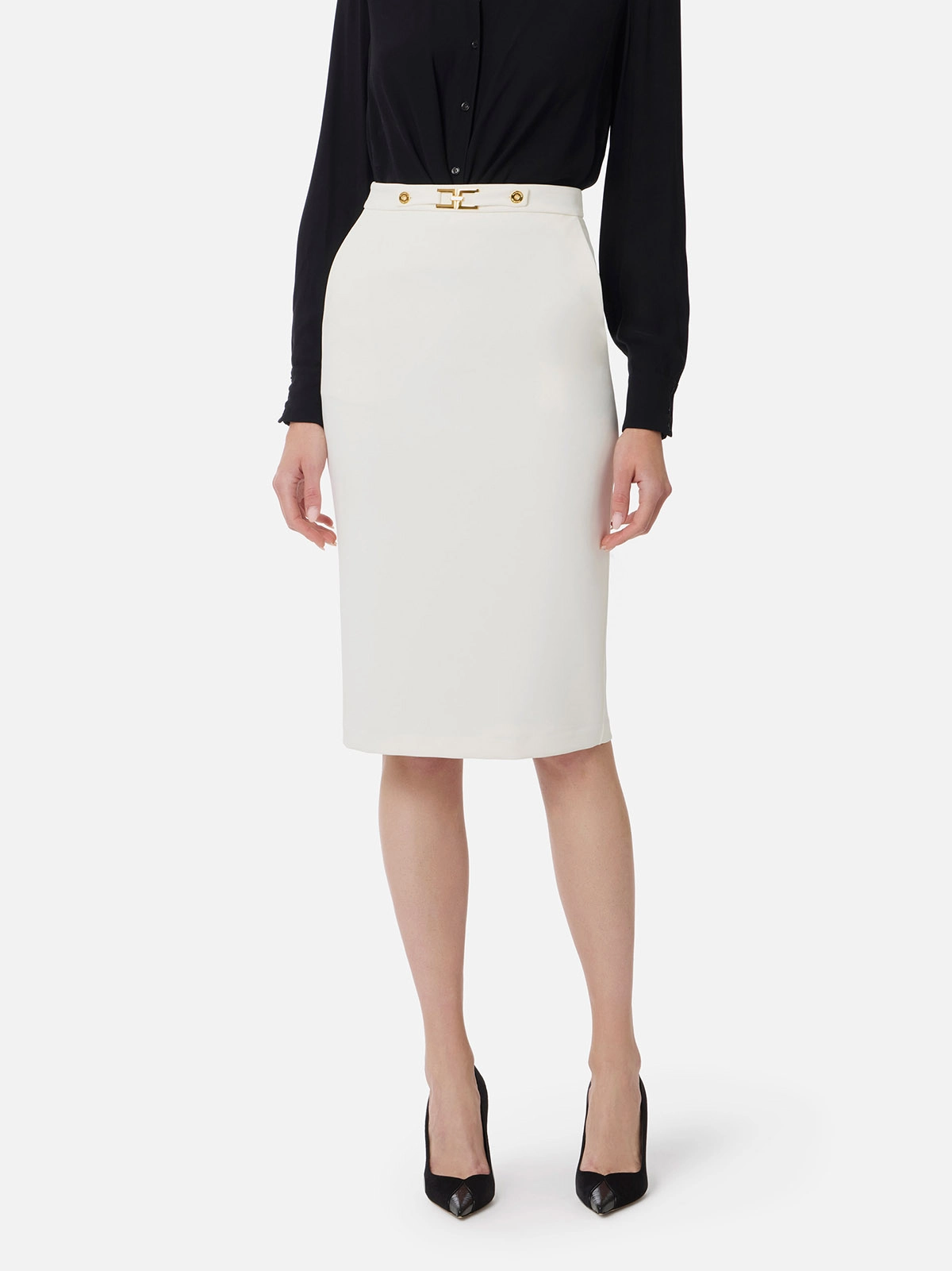 GO13756E2 Elisabetta Franchi Crêpe Skirt With Jewel Logo