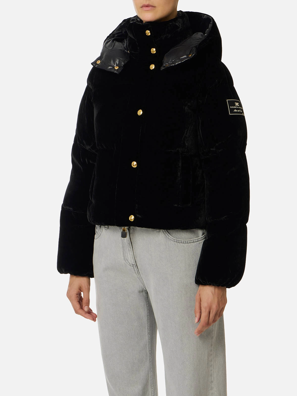 PI82D56E2 Elisabetta Franchi Velvet Down Jacket With Hood