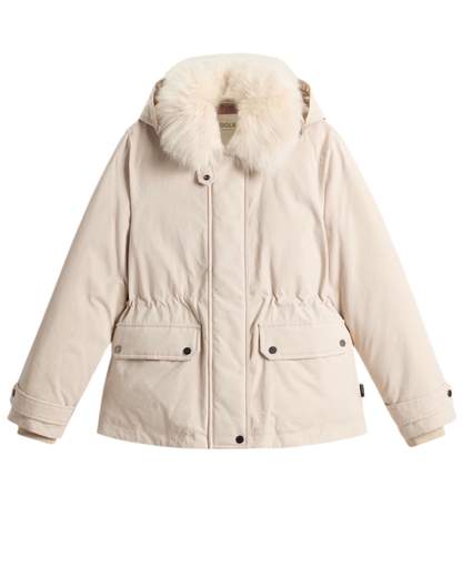 Woolrich donna Arctic Parka beige corto con cappuccio e pelliccia