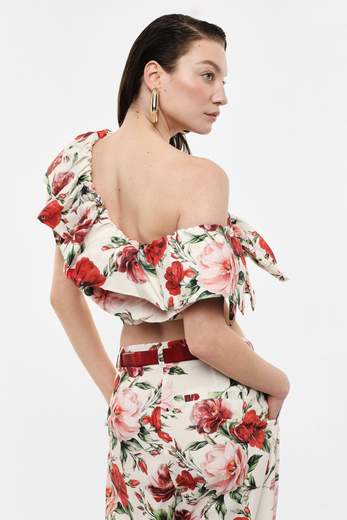 IMPERIAL TOP CORTO ASIMMETRICO STAMPA FLOREALE VOLANT