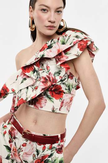 IMPERIAL TOP CORTO ASIMMETRICO STAMPA FLOREALE VOLANT