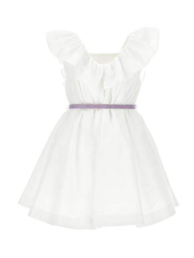 Monnalisa Bambina Abito Bianco Tessuto Ricamato Con Cintura Fiori.