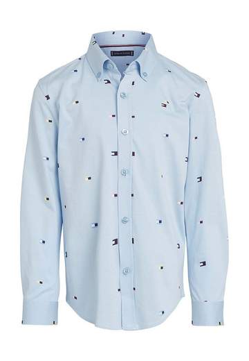 Tommy Hilfiger Bambino Camicia Celeste Stampa Bandiere Multicolor.