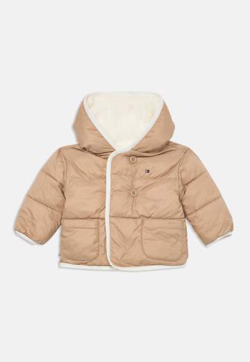 Tommy Hilfiger Bambino Piumino Reversibile Per Neonato In Pelliccia Panna E Tessuto Beige.