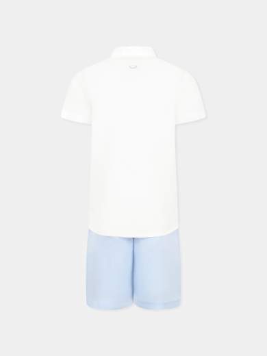 Trussardi Bambino Completo Con Camicia In Lino Con Collo Alla Coreana,e Bermuda Blu.